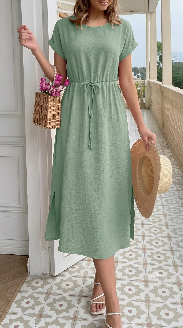 Robe Élégante à Manches Courtes et Taille Ajustable